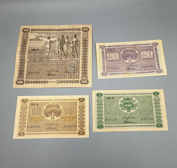 Suomi, Seteli, 5, 10, 20, 100markkaa, 1939, Litt D.